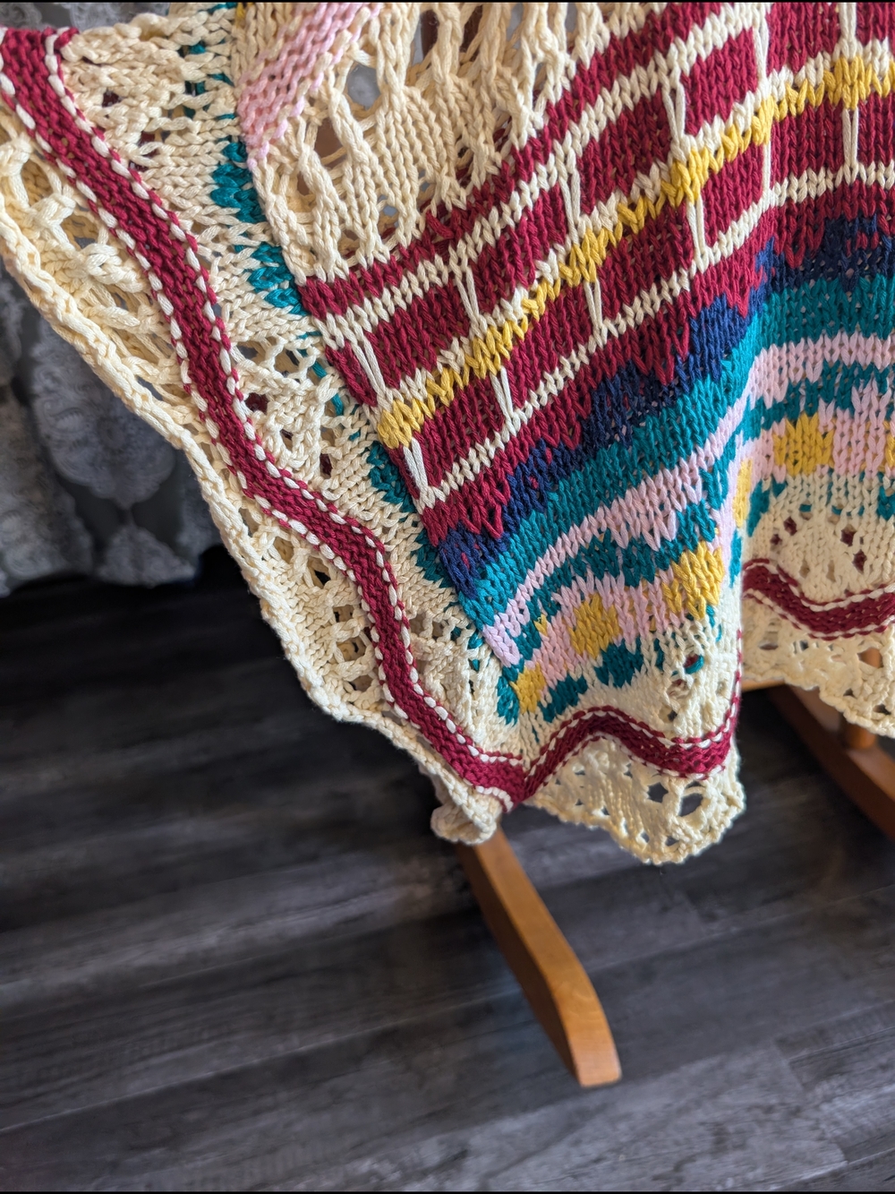 Vintage-Inspired Multicolor Crochet Knit Sweater - Cream & Teal - Picture 4 of 4